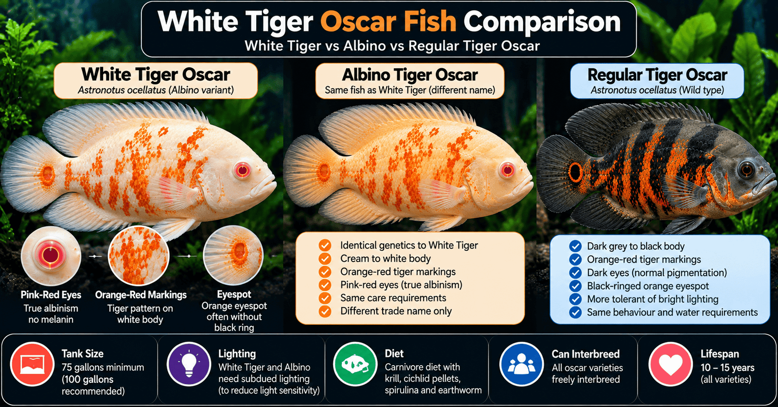 White tiger oscar fish compared with albino tiger and regular tiger Oscar showing pale body, orange-red markings, pink-red eyes and pigmentation differences