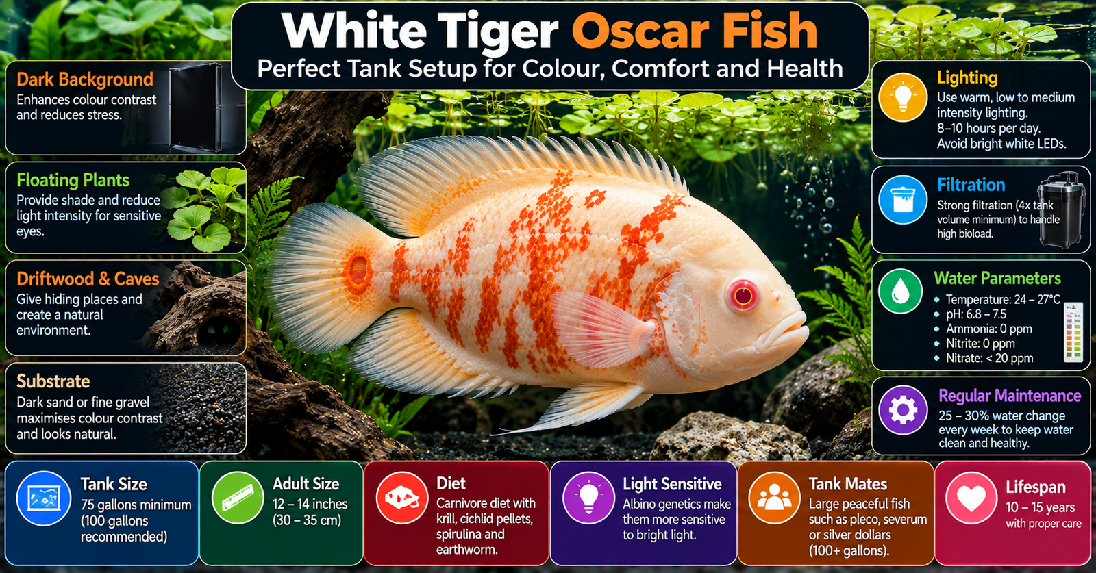White tiger oscar fish in a freshwater aquarium with dark substrate, floating plants, driftwood and shaded lighting for optimal tank setup