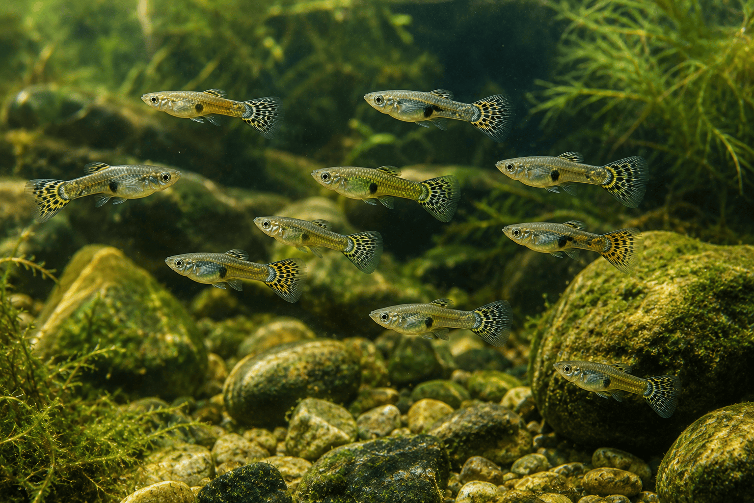 Wild-style guppy group showing loose shoaling behaviour