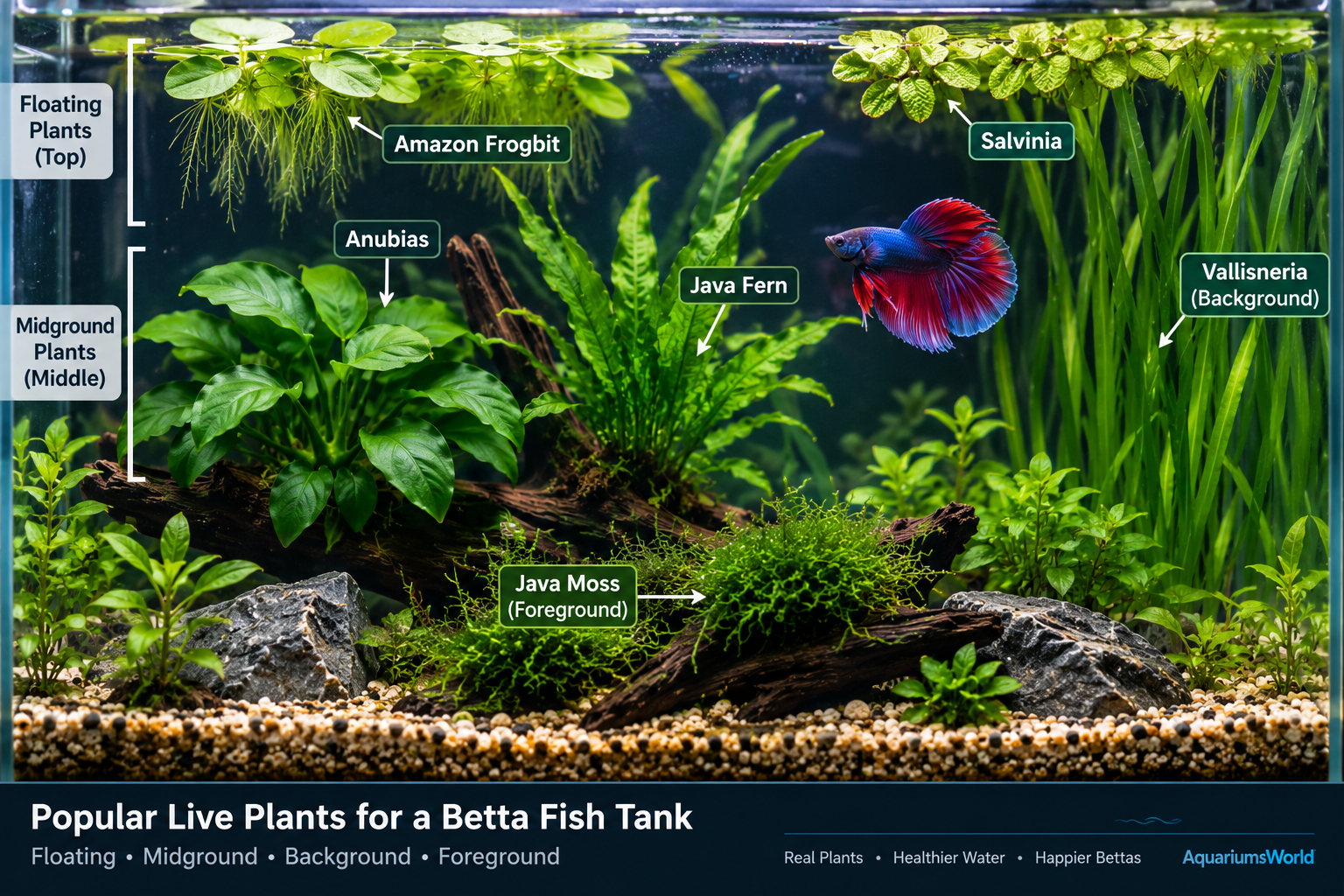 Best live aquarium plants for betta fish including Anubias Java Fern and floating plants