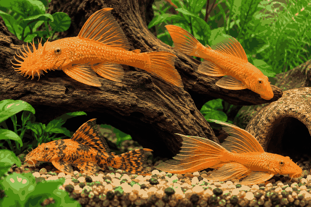 Orange plecostomus varieties in a planted freshwater aquarium with driftwood and caves
