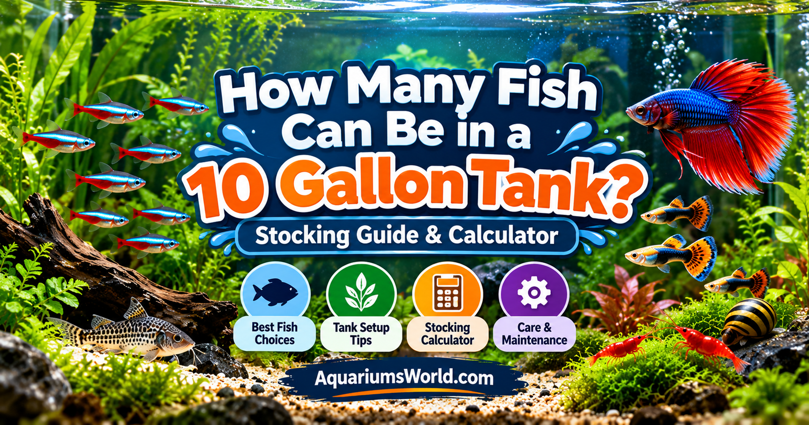 Featured image showing a planted 10-gallon aquarium with neon tetras, a betta fish, guppies, shrimp, and a corydoras, alongside a stocking guide and calculator headline.