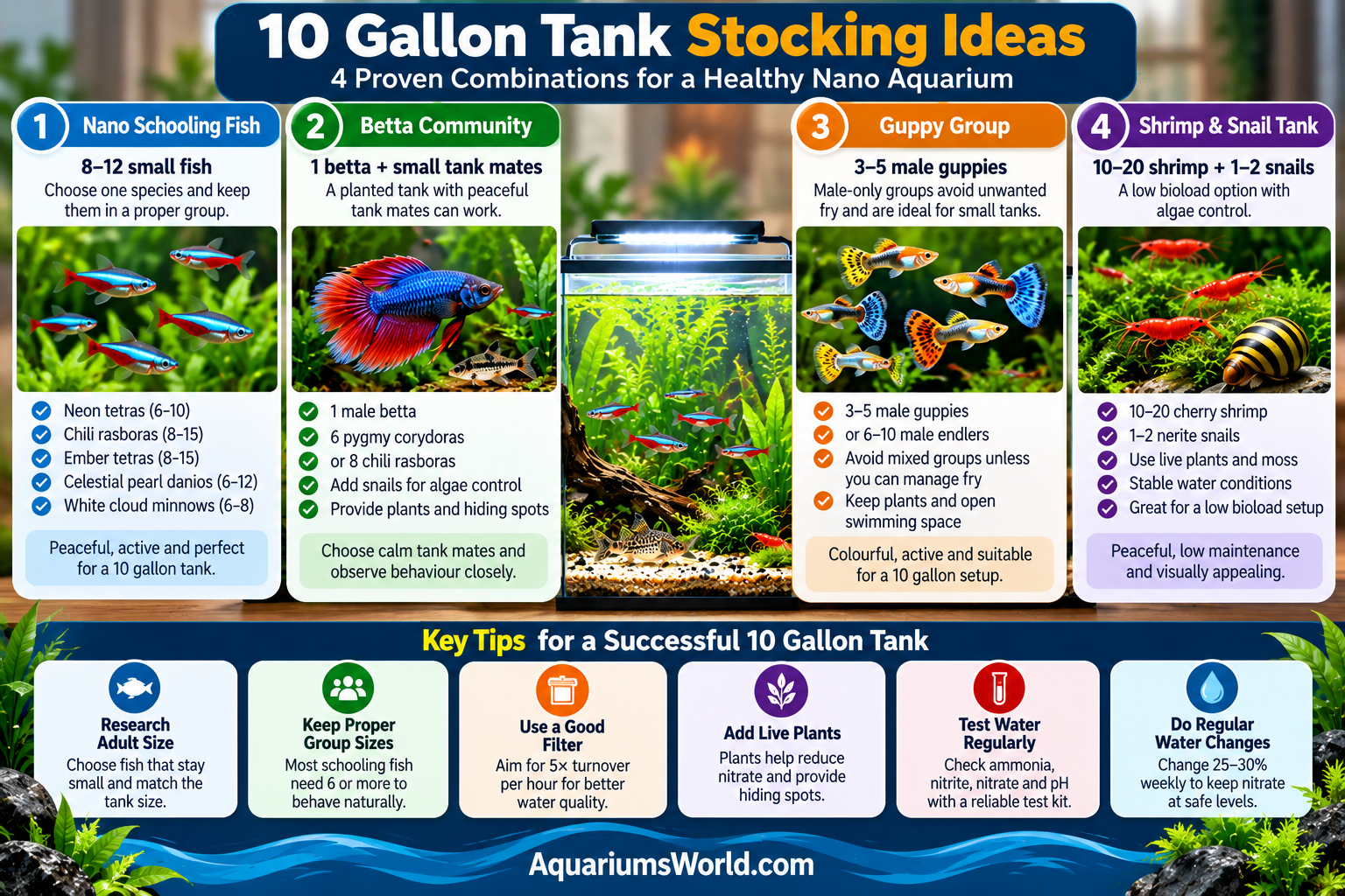 Infographic showing four 10-gallon aquarium stocking ideas: nano schooling fish, a betta community, male guppies or endlers, and a shrimp-and-snail setup.