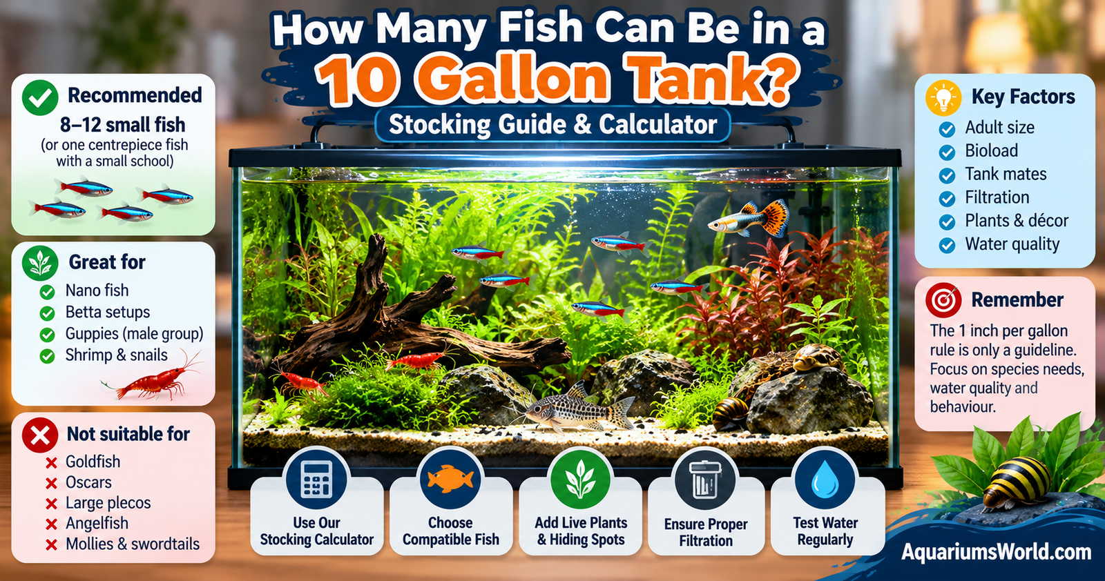 Infographic showing recommended fish stocking for a 10-gallon aquarium, suitable nano fish, stocking factors, compatible tank mates, and fish to avoid.