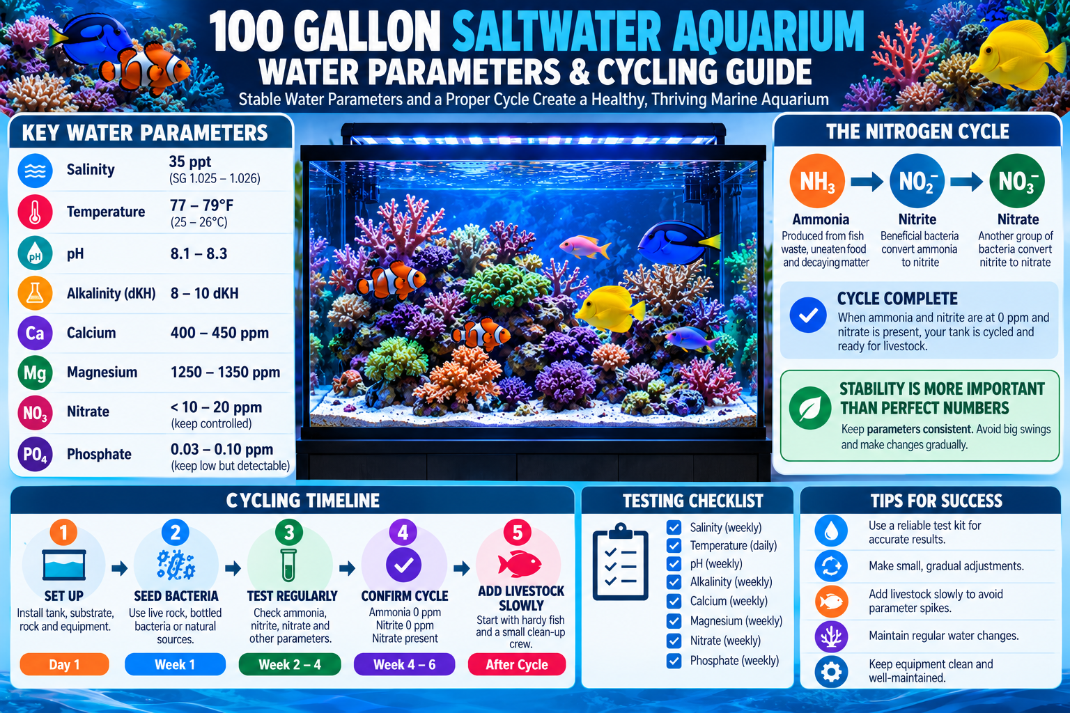 100 gallon saltwater aquarium infographic showing water parameters, nitrogen cycle, cycling timeline and testing checklist