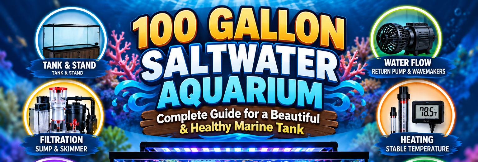 100 gallon saltwater aquarium featuring a reef tank, filtration, lighting, water flow, heating, water testing and compatible marine fish