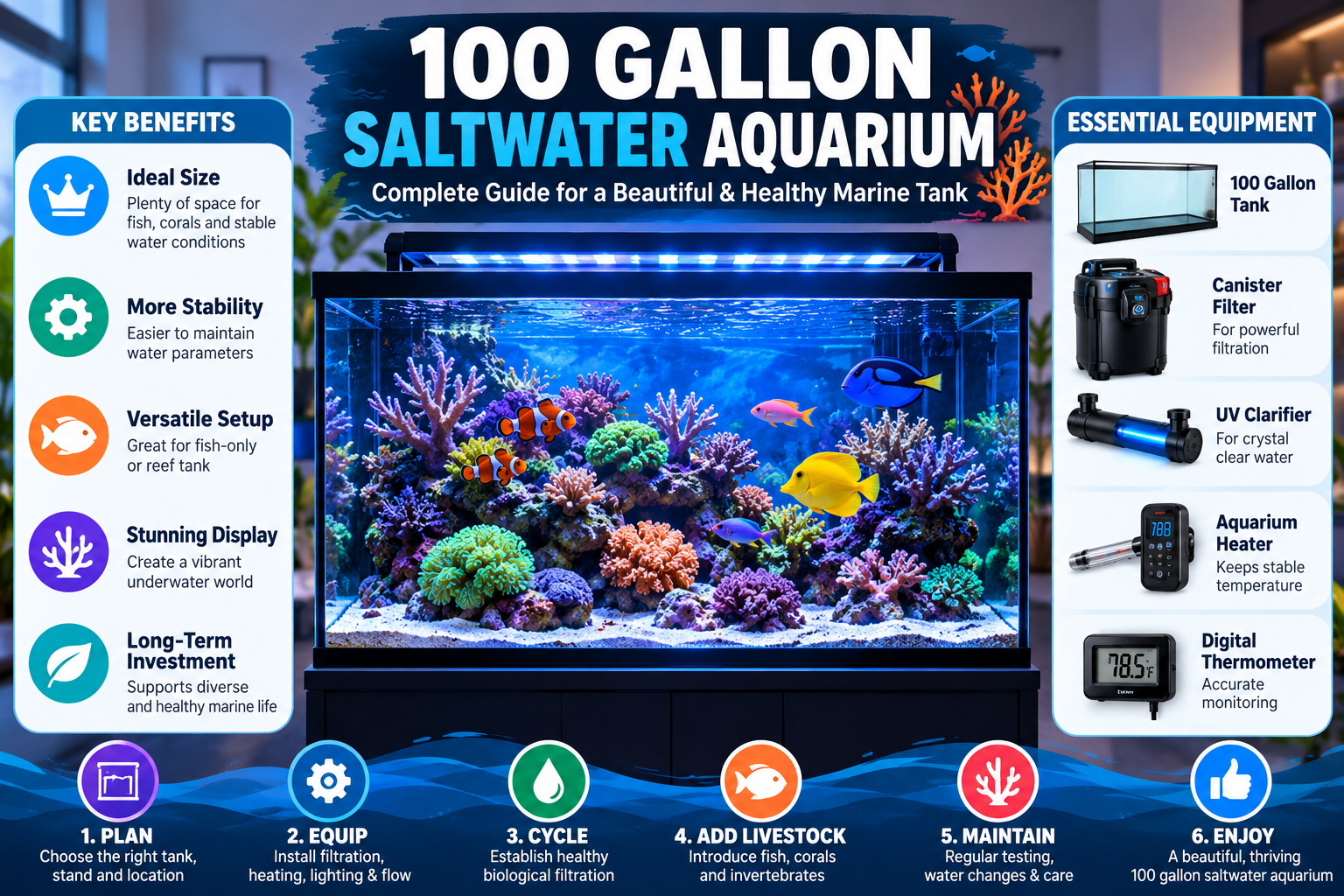 100 gallon saltwater aquarium infographic showing essential equipment, setup steps, filtration, heating, livestock and maintenance