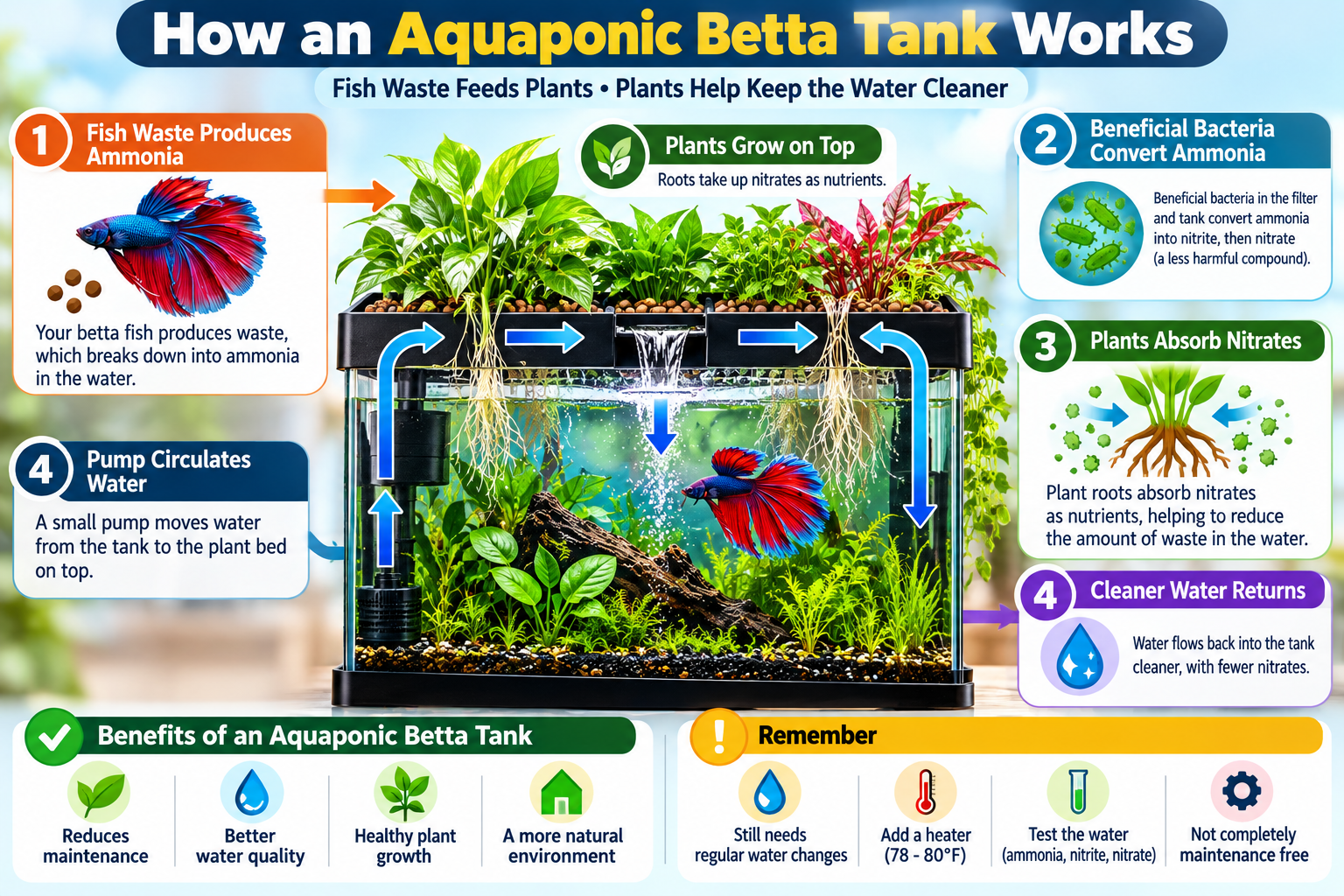 Aquaponic betta tank infographic showing how fish waste produces ammonia, beneficial bacteria convert ammonia into nitrite and nitrate, and plant roots absorb nitrates as nutrients.