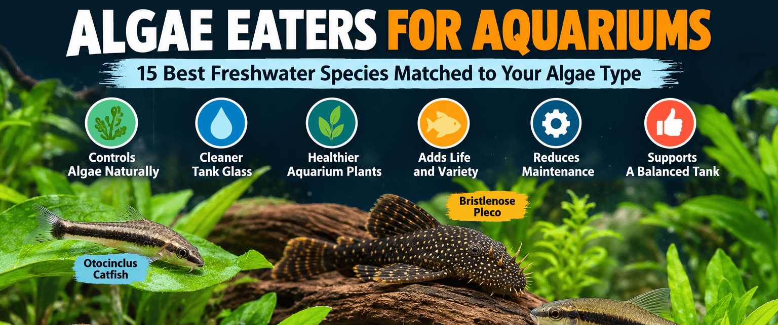 Infographic showing freshwater aquarium algae eaters, including Otocinclus catfish, Bristlenose pleco, Nerite snail, Amano shrimp, and Siamese algae eater, with benefits of natural algae control.