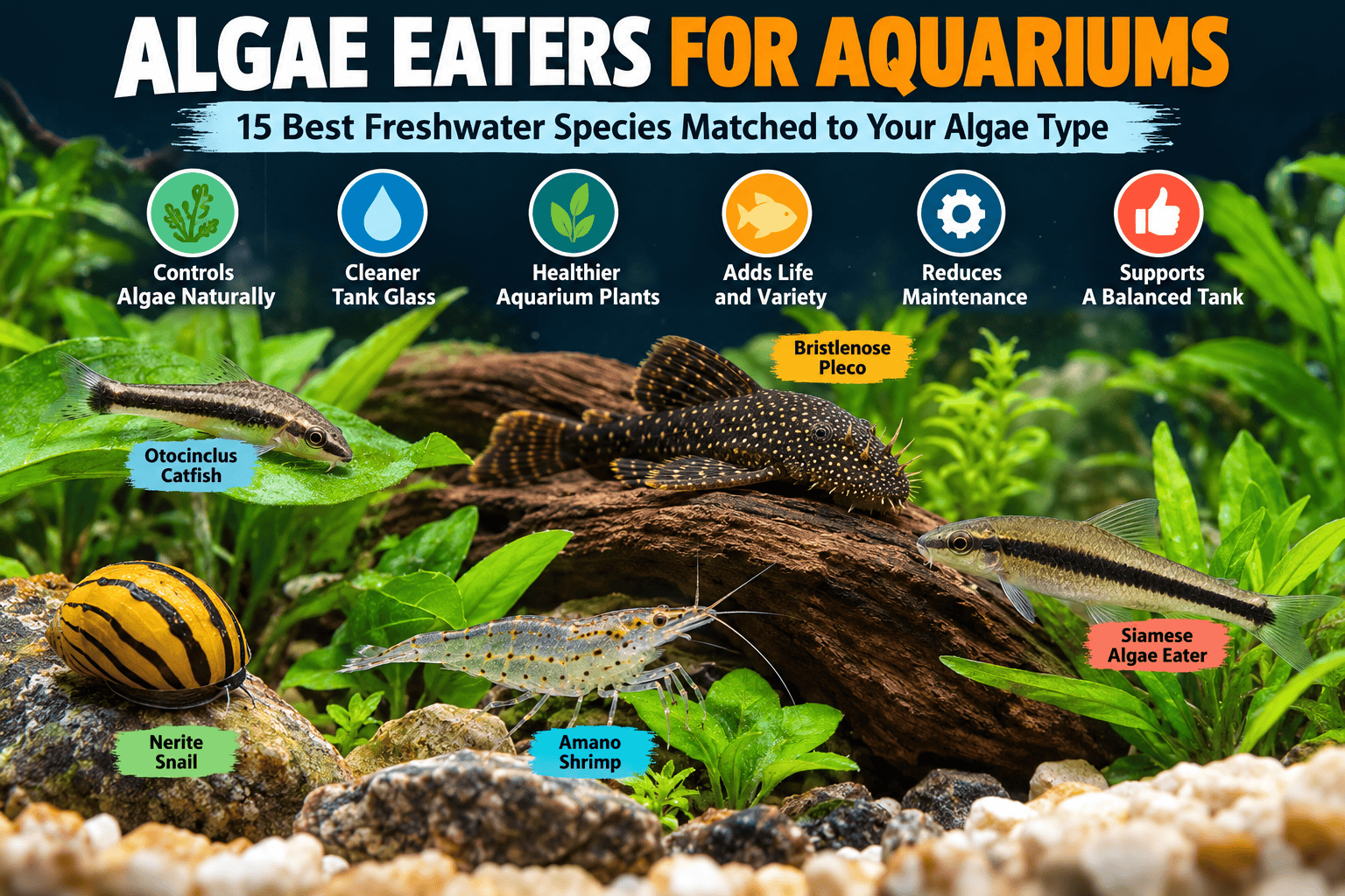 Infographic showing freshwater aquarium algae eaters, including Otocinclus catfish, Bristlenose pleco, Nerite snail, Amano shrimp, and Siamese algae eater, with benefits of natural algae control.