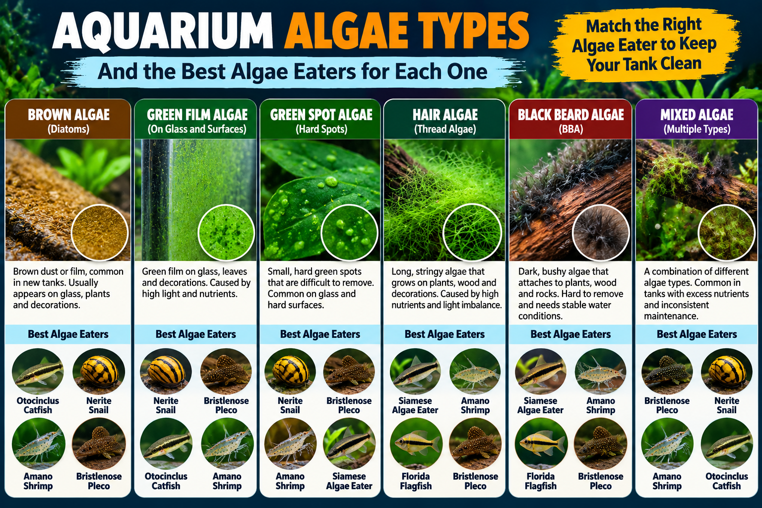 Alt Text: Infographic showing six common aquarium algae types, including brown algae, green film algae, green spot algae, hair algae, black beard algae, and mixed algae, with suitable freshwater algae eaters for each type.