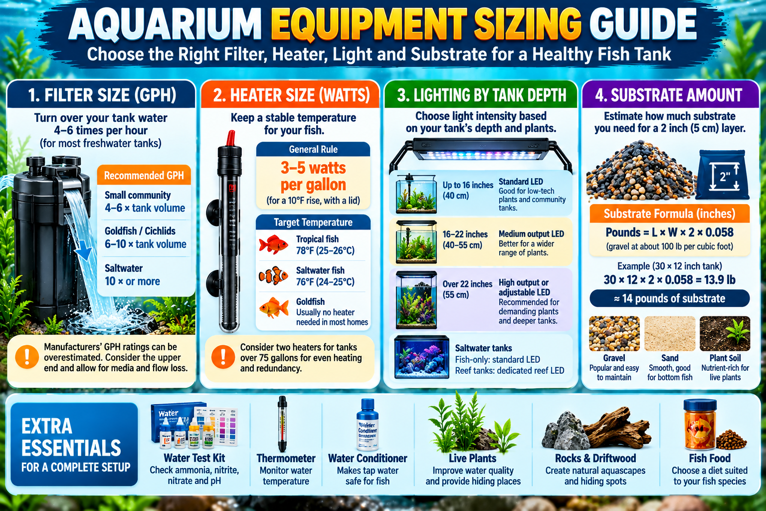 Aquarium equipment sizing infographic showing filter GPH, heater wattage, lighting by tank depth and substrate quantity for a fish tank.