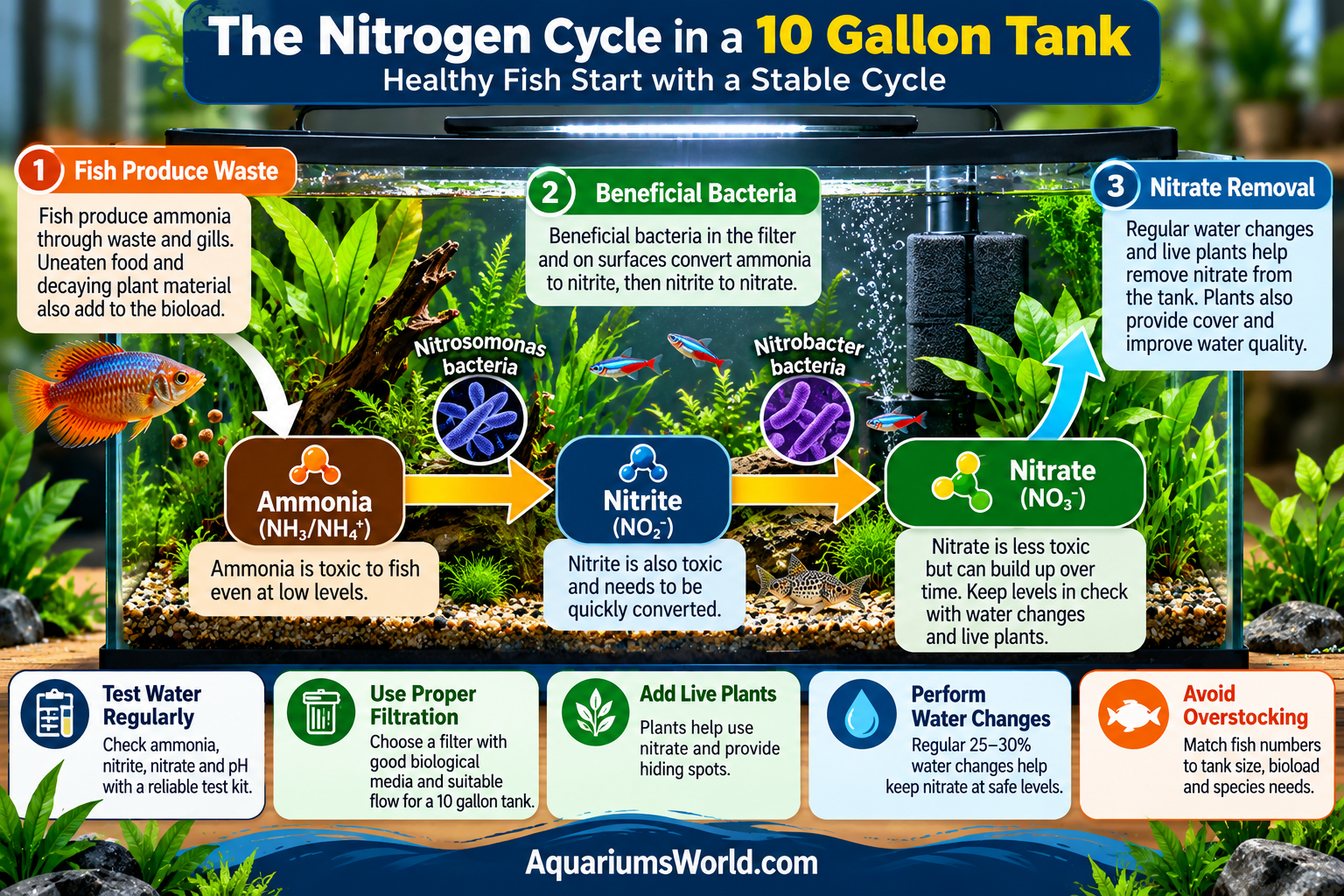 Infographic explaining the nitrogen cycle in a 10-gallon aquarium, showing ammonia, nitrite, nitrate, beneficial bacteria, filtration, and water changes.