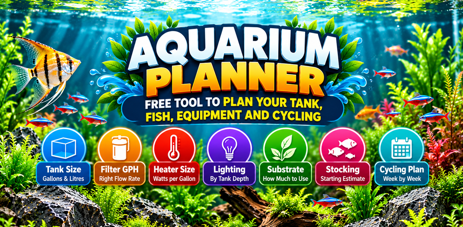Aquarium planner featured image showing a planted fish tank with tools for tank size, filter GPH, heater wattage, lighting, substrate, fish stocking and cycling.