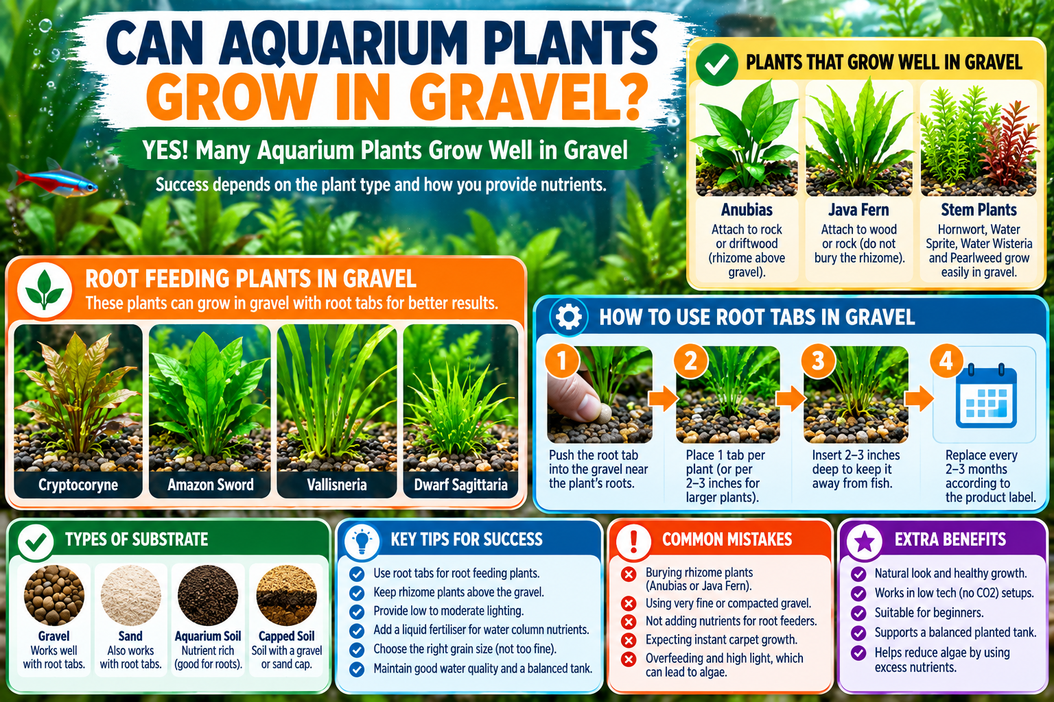 Alt Text: Infographic explaining how aquarium plants grow in gravel, featuring Anubias, Java fern, Cryptocoryne, Amazon sword, Vallisneria, dwarf sagittaria, and instructions for using root tabs.