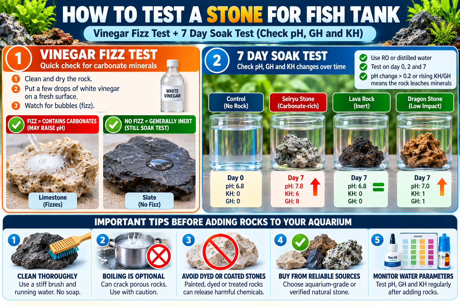 Aquarium rock testing infographic showing the vinegar fizz test and seven-day soak test to check whether fish tank stones affect pH, GH and KH, with examples of limestone, slate, Seiryu stone, lava rock and dragon stone.