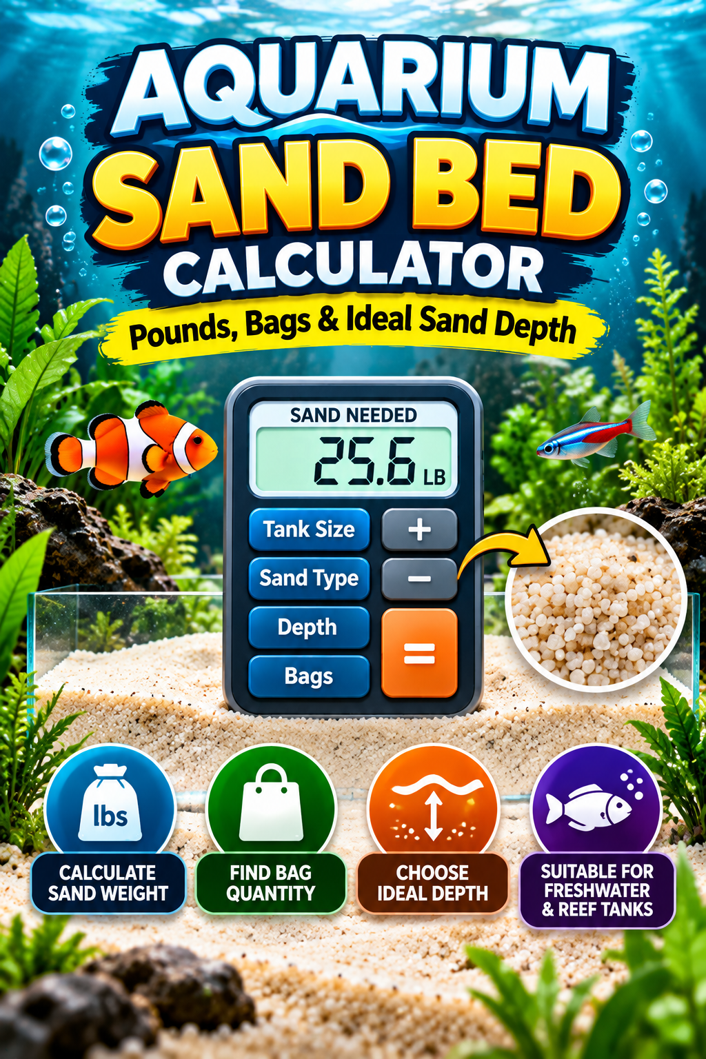 Aquarium sand bed calculator infographic showing estimated sand weight, bag quantity, ideal substrate depth, and suitability for freshwater and reef aquariums.