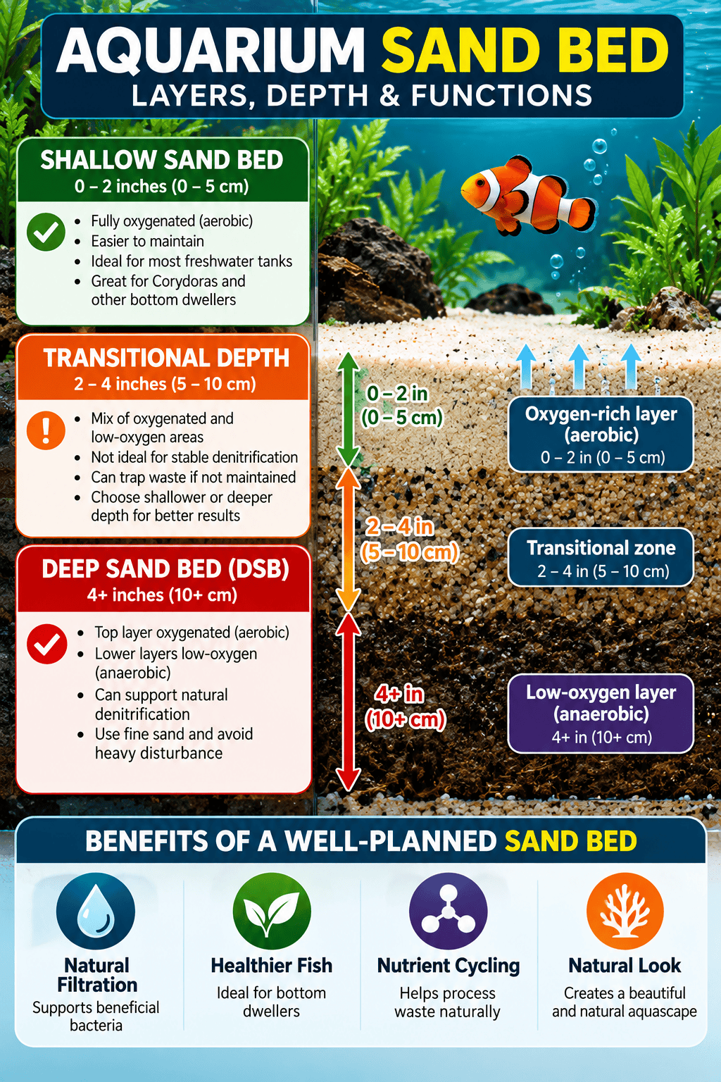 Alt Text: Infographic showing how to prepare, rinse and add aquarium sand, including supplies, repeated rinsing, careful placement, creating a sloped sand bed and allowing the aquarium water to settle.