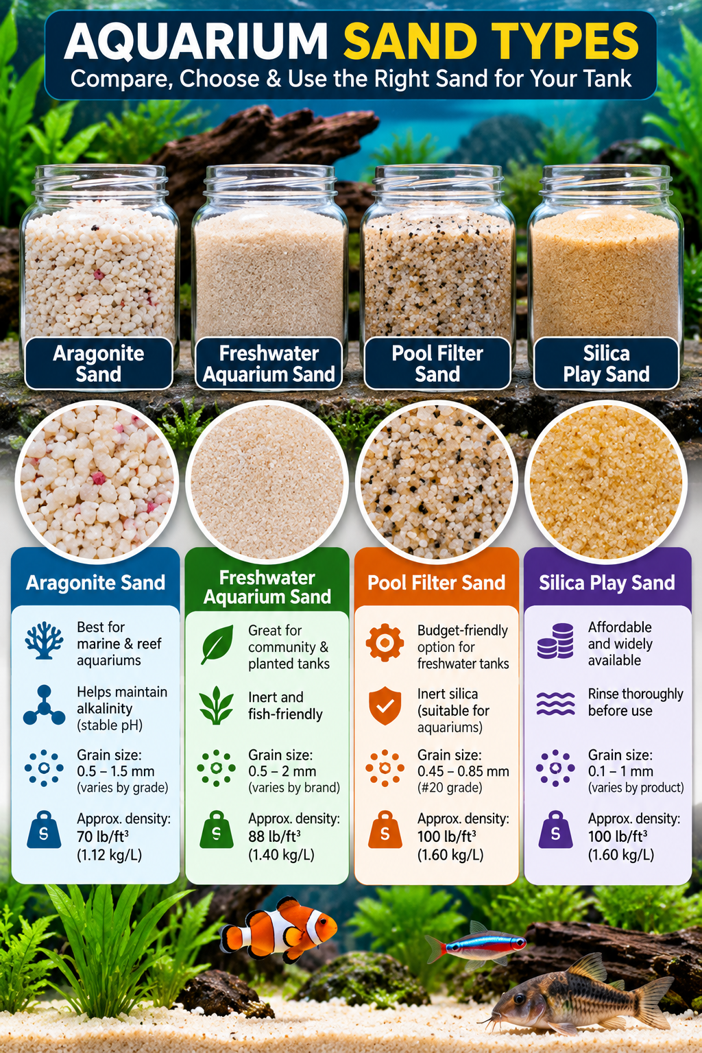 Alt Text: Infographic comparing four aquarium sand types: aragonite sand, freshwater aquarium sand, pool filter sand and silica play sand, including their uses, grain sizes and approximate densities.