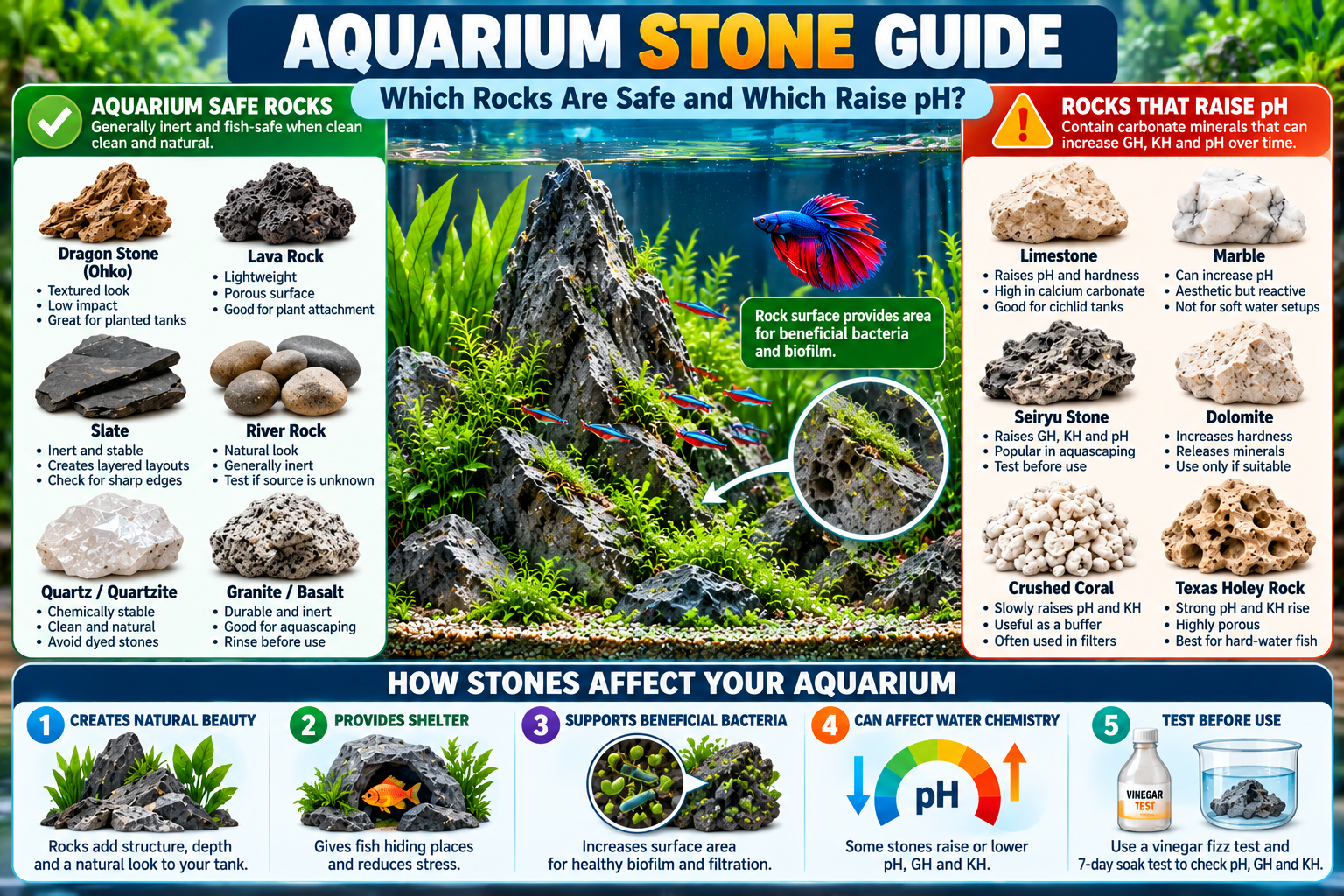 Aquarium stone guide infographic comparing generally safe fish tank rocks, including dragon stone, lava rock, slate, river rock, quartz and granite, with limestone, marble, Seiryu stone, dolomite and other rocks that may raise pH and water hardness.