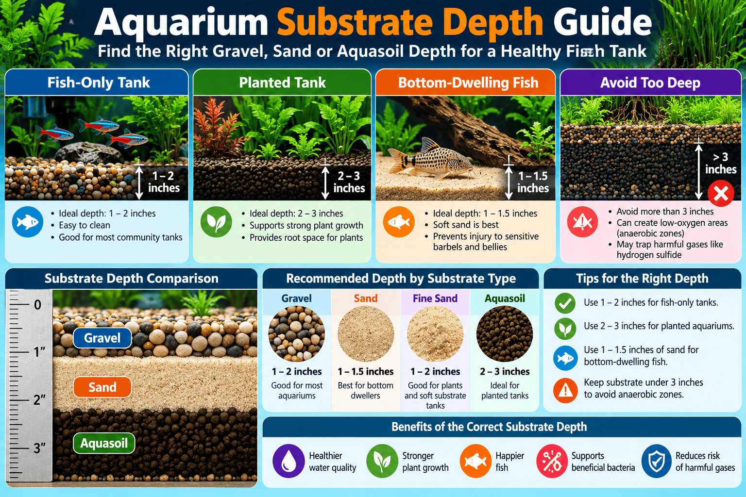 Aquarium substrate depth infographic comparing recommended gravel, sand and aquasoil depths for fish-only tanks, planted aquariums and bottom-dwelling fish, with a ruler illustration and tips for avoiding excessively deep substrate beds.