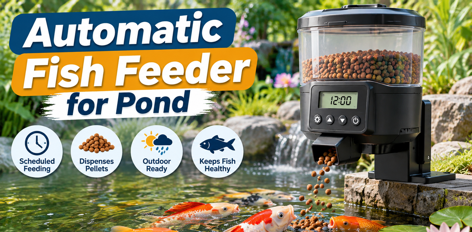 Automatic fish feeder dispensing pellets into a garden pond with koi and goldfish swimming near the water surface.