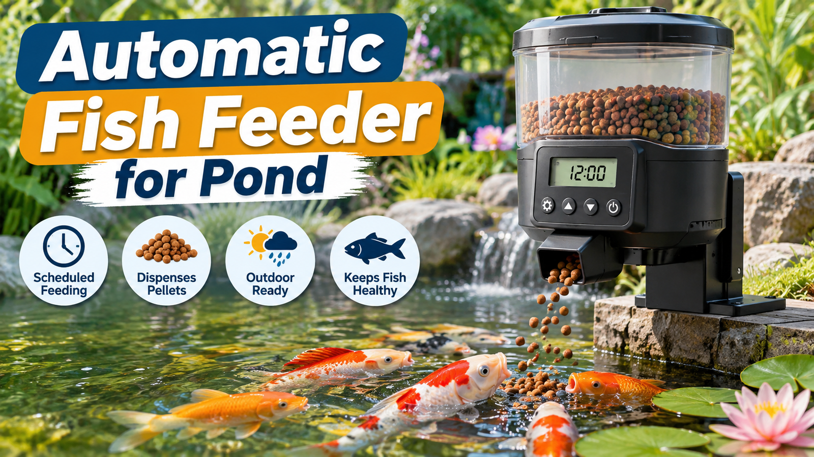 Automatic fish feeder dispensing pellets into a garden pond with koi and goldfish swimming near the water surface.
