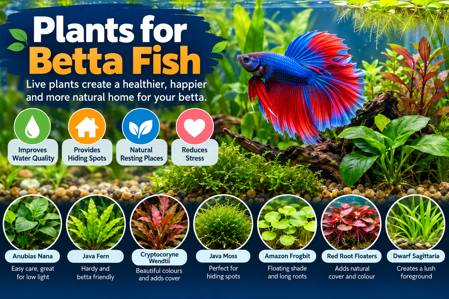 Description: This featured image showcases a vibrant blue and red betta fish swimming in a lush planted aquarium. Surrounded by aquatic greenery, driftwood and floating plants, the design highlights the benefits of live plants for betta fish, including natural resting places, hiding spots and a more enriching habitat. Explore suitable aquarium plants and learn how to create a beautiful betta tank with appropriate plant selection, lighting and maintenance.