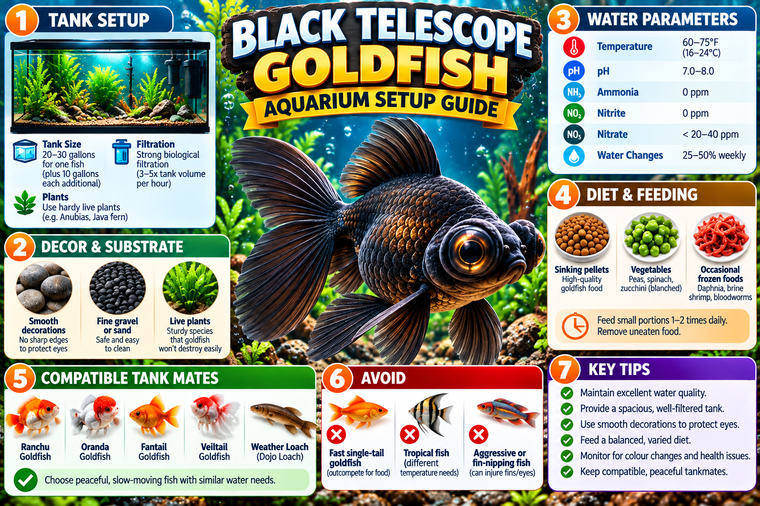 Black telescope goldfish infographic illustrating aquarium setup, tank size, filtration, safe decorations, water parameters, feeding, compatible tankmates, and essential care tips.