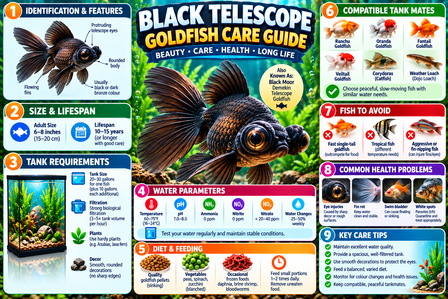 Black telescope goldfish infographic showing identification features, adult size, lifespan, tank requirements, water parameters, feeding, compatible tankmates, common health problems, and essential care tips.