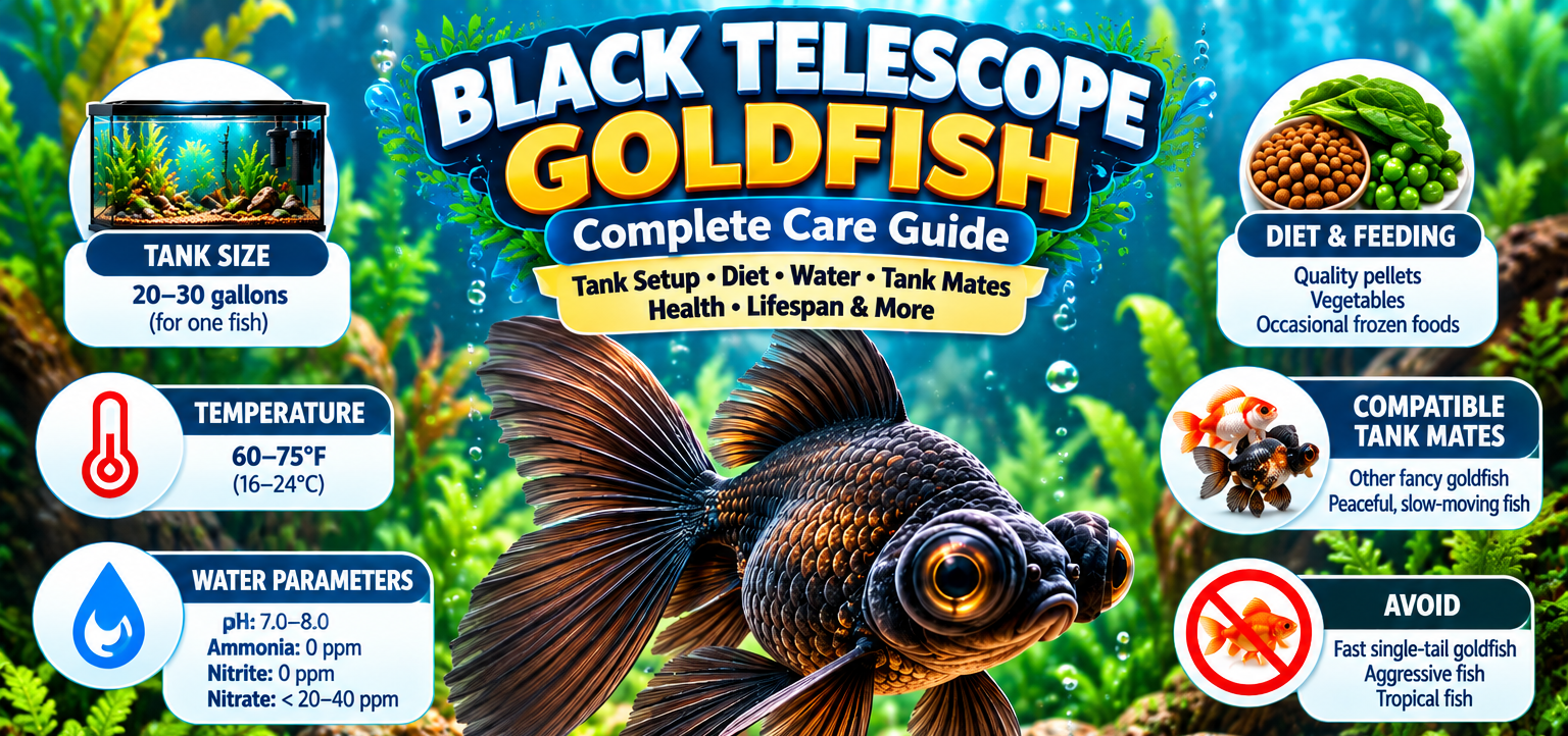 Black telescope goldfish featured image with centered title and care information covering tank size, temperature, water parameters, diet, tankmates, adult size, lifespan, health issues, and essential care tips.