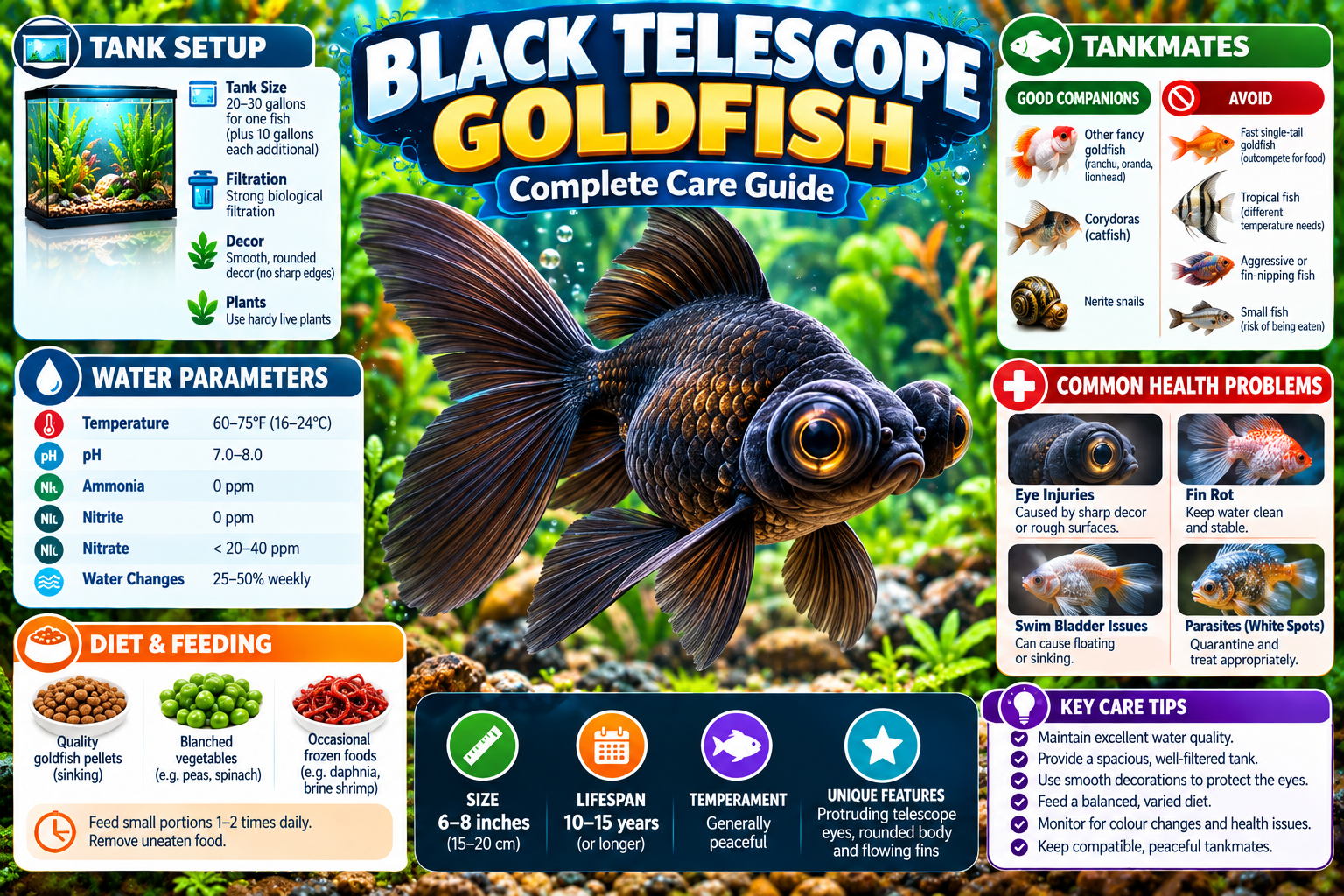 Black telescope goldfish care infographic showing tank setup, water parameters, feeding, compatible tankmates, common health problems, size, lifespan, and essential care tips.