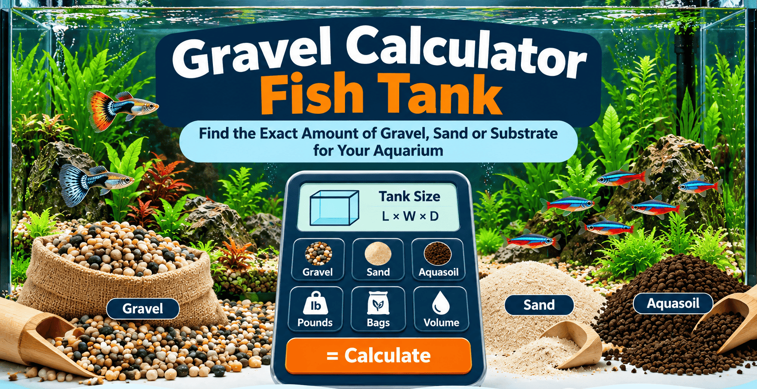 Featured image for a fish tank gravel calculator showing a planted aquarium, gravel, sand and aquasoil, with a central calculator illustrating tank dimensions, substrate weight, bag quantities, ideal depth and water displacement.