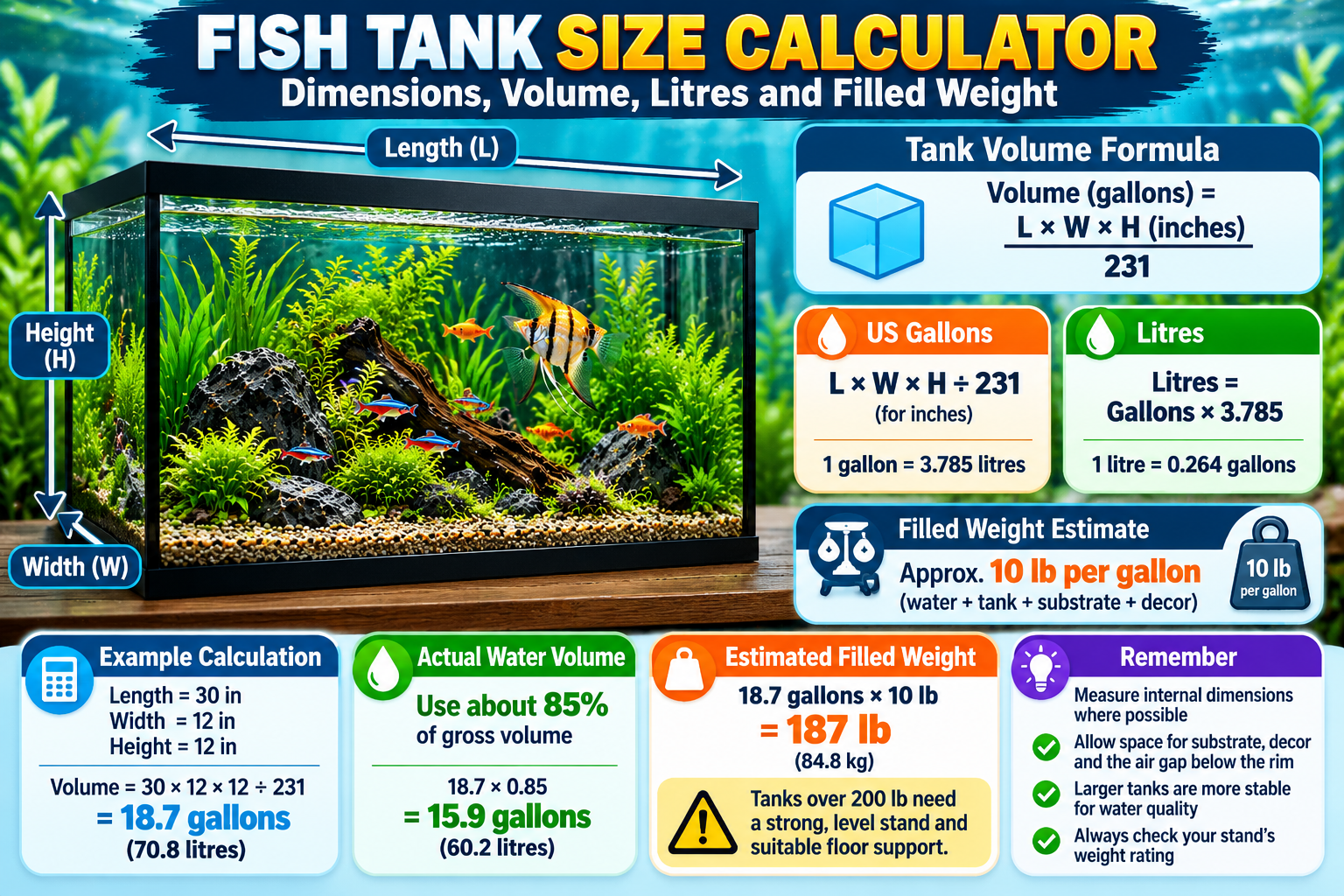 Fish tank size calculator infographic showing aquarium length, width, height, volume in gallons and litres, and estimated filled weight.