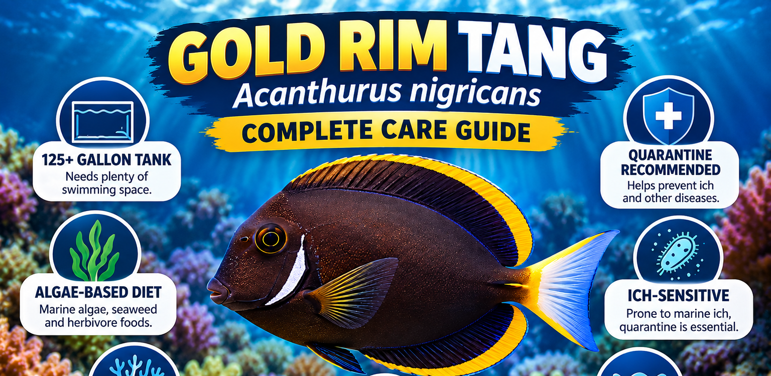 Gold Rim Tang Acanthurus nigricans infographic showing 125 gallon tank, algae-based diet, reef-safe care, quarantine, ich sensitivity, stable water and strong flow