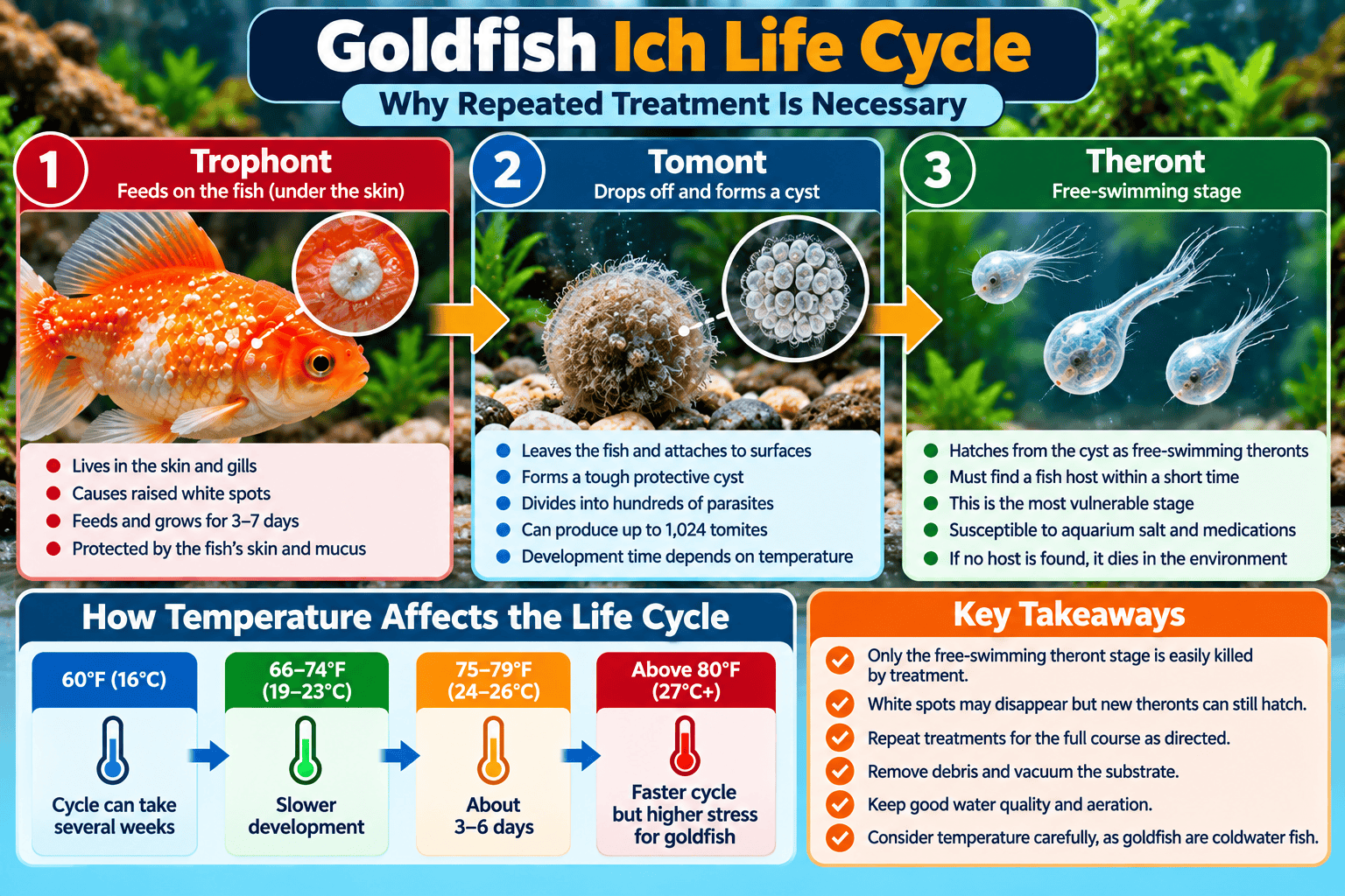 Goldfish ich life cycle infographic illustrating the trophont, tomont and theront stages, temperature effects on parasite development, and why repeated treatment is necessary.