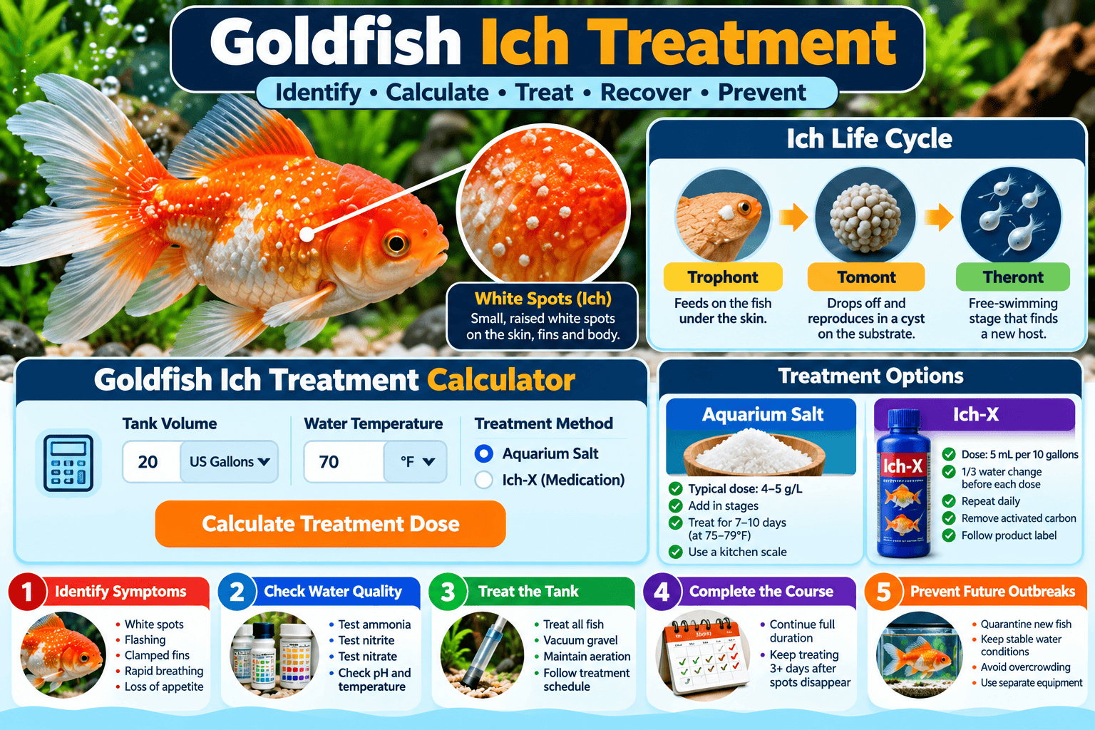 Goldfish ich treatment infographic showing white spot disease symptoms, the ich life cycle, aquarium salt and Ich-X treatment options, and five steps for safer treatment.