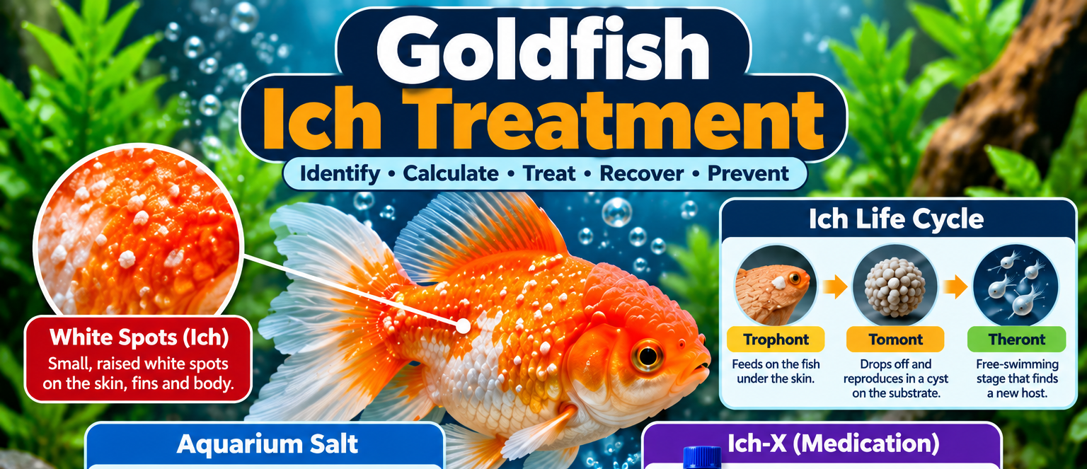 Goldfish ich treatment infographic featuring a goldfish with white spots, the ich life cycle, aquarium salt and Ich-X treatment guidance, and five steps for prevention and recovery.