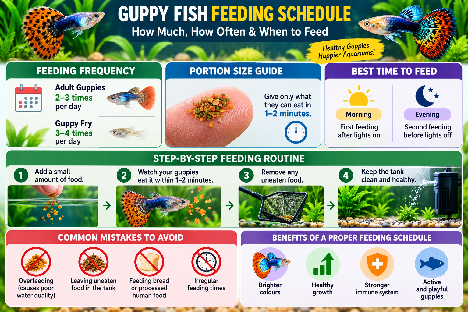 Guppy fish feeding schedule infographic showing feeding frequency for adult guppies and fry, portion sizes, morning and evening feeding times, step-by-step feeding practices, common mistakes and the benefits of a proper feeding routine.
