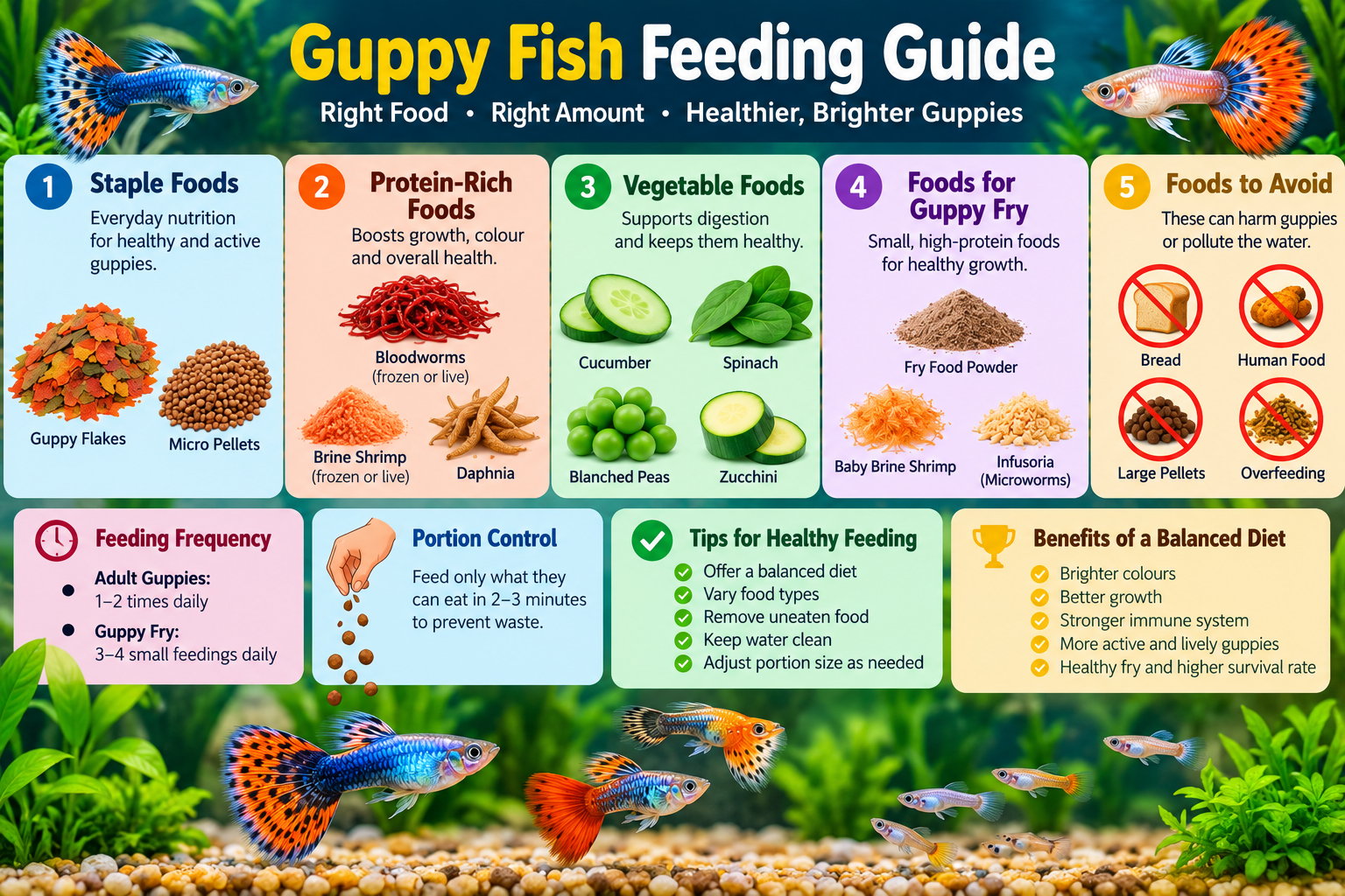 Guppy fish feeding infographic showing staple foods, protein-rich foods, vegetables, guppy fry foods, foods to avoid, feeding frequency, portion control and benefits of a balanced diet.