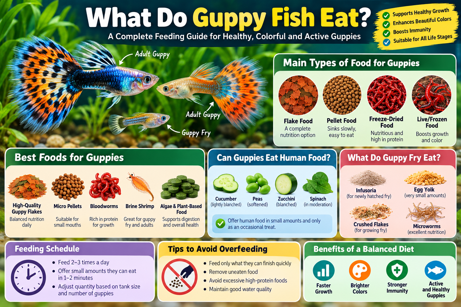 Infographic showing the best foods for guppy fish, including flakes, micro pellets, bloodworms, brine shrimp, vegetables, guppy fry foods, feeding schedules and overfeeding prevention tips.