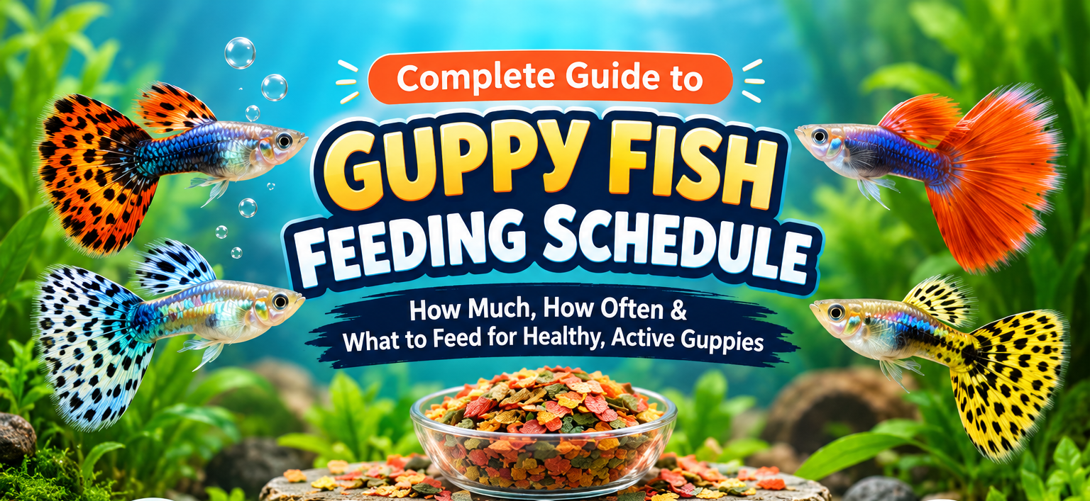 Featured image showing colourful guppy fish surrounding the title “Guppy Fish Feeding Schedule,” with fish food and icons highlighting feeding frequency, portion sizes, best feeding times, adult and fry care, and feeding tips.