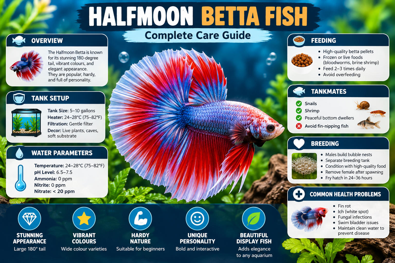 Halfmoon betta fish care infographic featuring tank setup, water parameters, feeding, compatible tankmates, breeding, and common health problems.