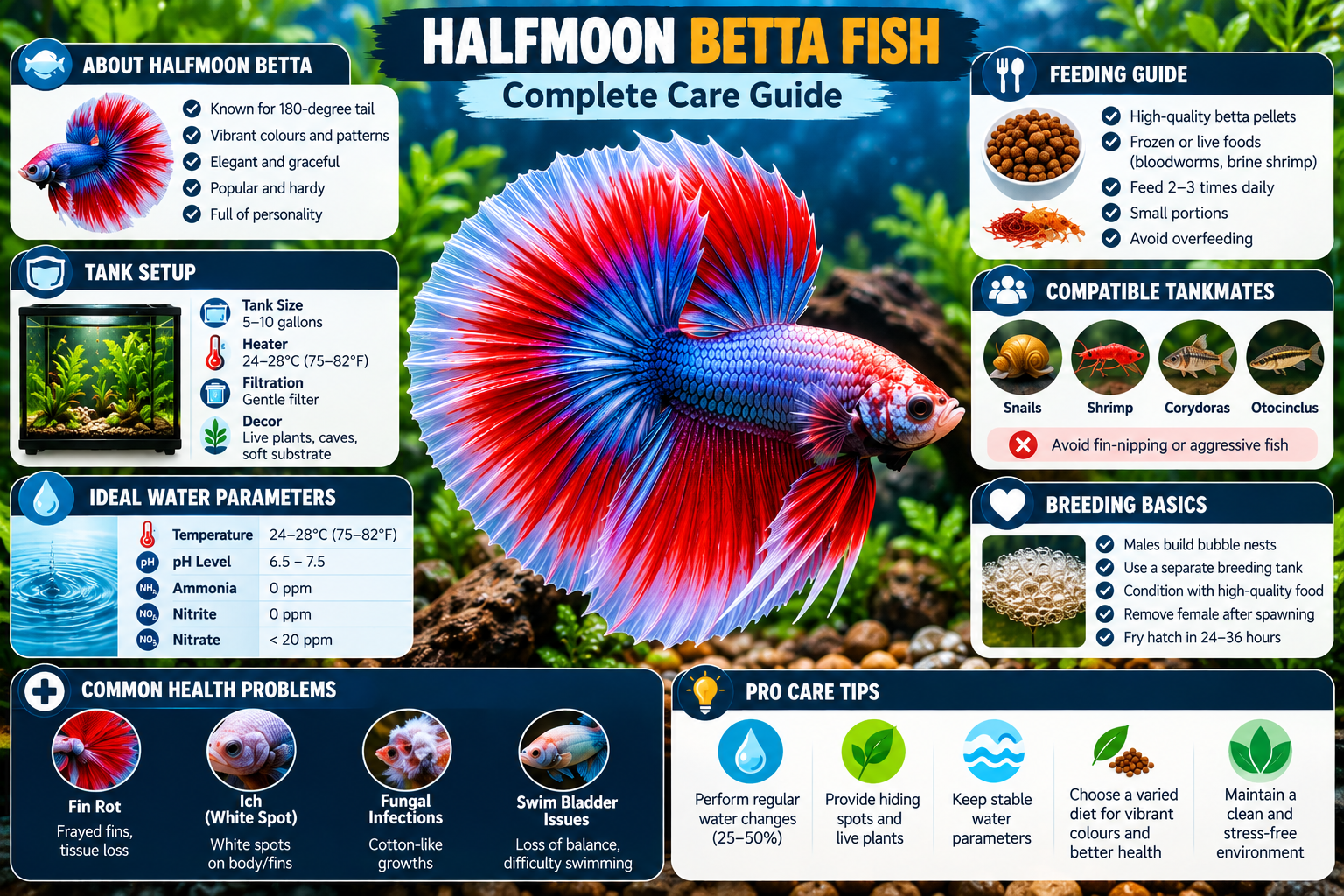 Halfmoon betta fish infographic showing aquarium setup, ideal water parameters, feeding guide, compatible tankmates, breeding basics, common health problems, and care tips.