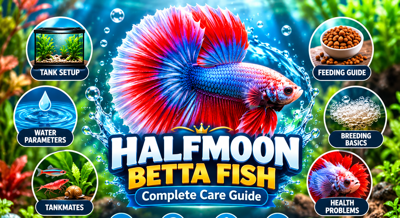 Halfmoon betta fish with vibrant red, blue, and white fins surrounded by aquarium care infographic elements for tank setup, water parameters, feeding, tankmates, breeding, and health.
