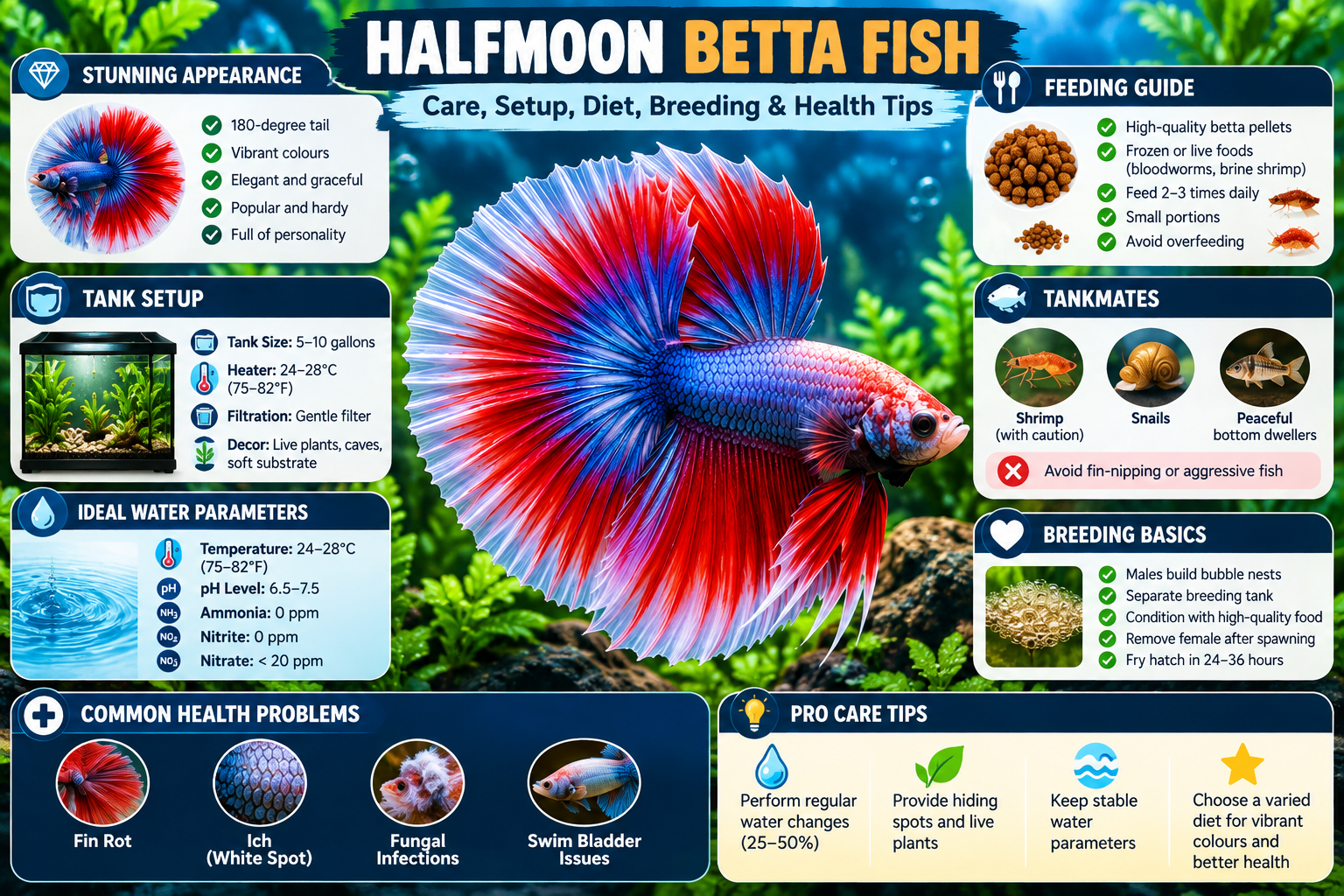 Halfmoon betta fish infographic showing aquarium setup, ideal water parameters, feeding guidelines, compatible tankmates, breeding basics, and common health problems.