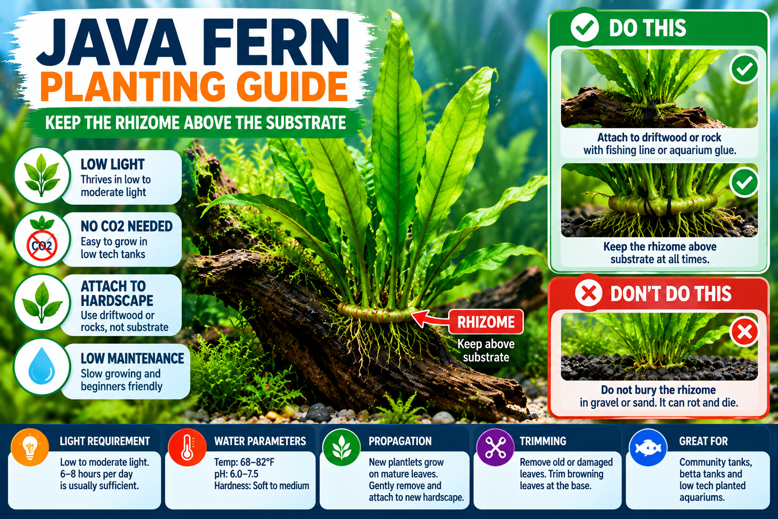 Alt Text: Java fern planting infographic showing how to attach the plant to driftwood or rocks, keep its rhizome above the substrate, and grow it in a low-light aquarium without CO2.