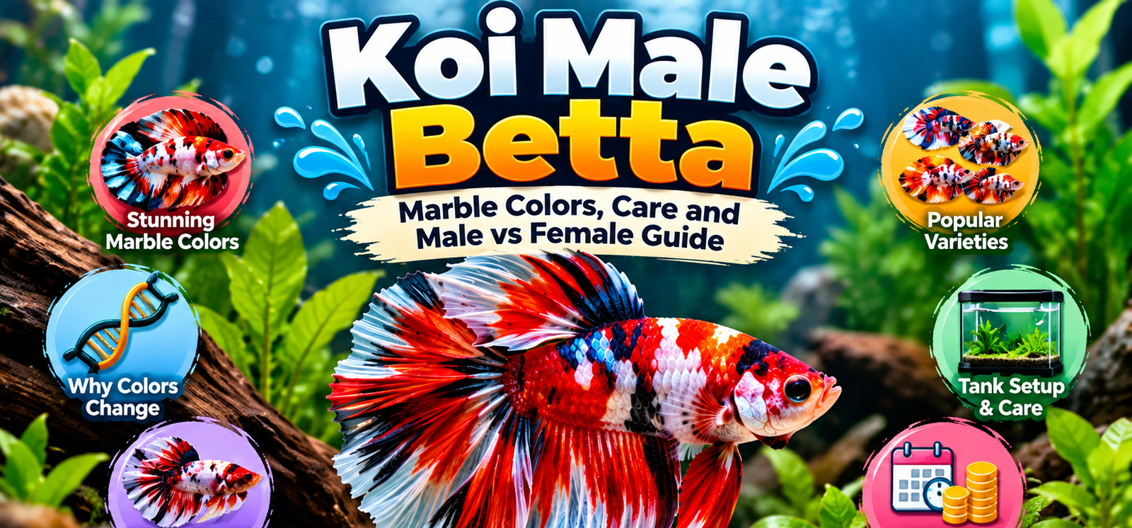 Alt Text: Koi male betta featured infographic showing a vibrant red, white, black and blue betta fish, marble colour changes, male versus female differences, popular varieties, tank setup and care, lifespan and price.