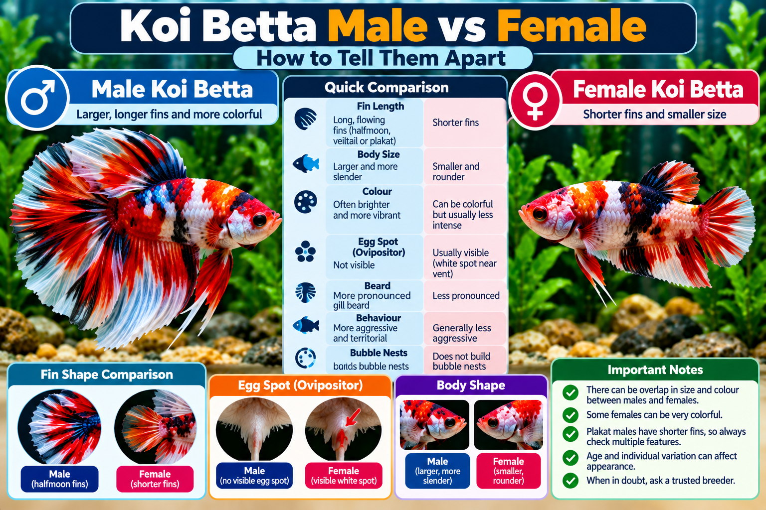 Koi betta male vs female infographic comparing fin length, body size, colour, egg spot, gill beard, behaviour and bubble-nest building.