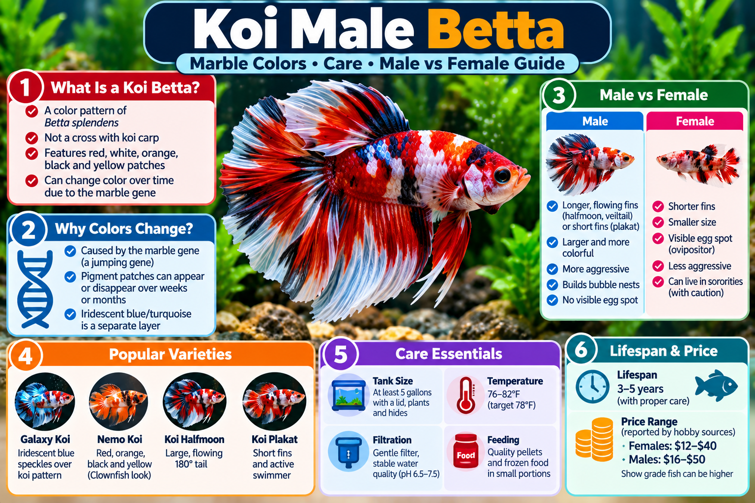 Koi male betta infographic showing red, white, orange and black marble colours, colour changes, male versus female differences, popular koi varieties, care requirements, lifespan and price.